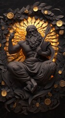 Intricate sculpture of a god with a staff, surrounded by glowing elements and crafted details, showcasing art and mythology.