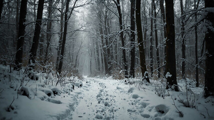 Snowy path through dense forest winter landscape background