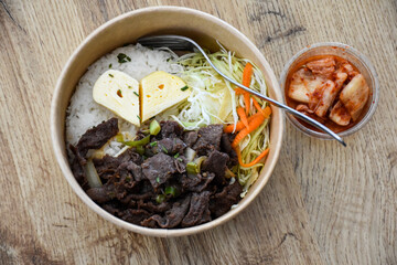 Korean food with beef and egg heart and rice