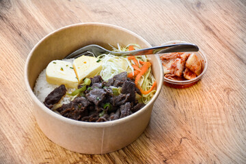 Korean food with beef and egg heart and rice