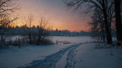 Winter twilight in snowy landscape winter landscape background