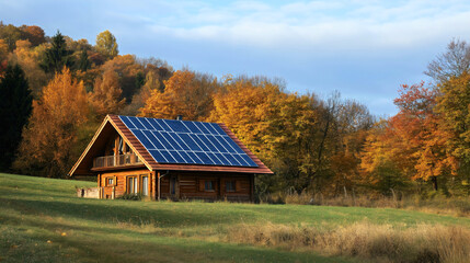 Obraz premium House home in a forest or mountain, with a solar panel system, sustainable nature environment, green electricity and energy power landscape