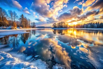 A frozen lake reflecting the winter sky