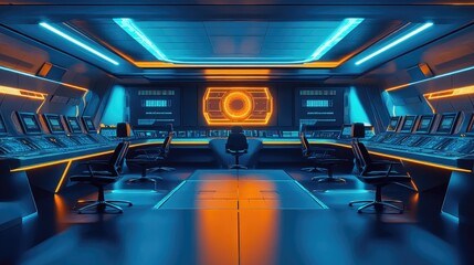 Fototapeta premium Spacious futuristic control room featuring vibrant blue and orange lighting, illuminated control panels, and empty chairs ready for operators.