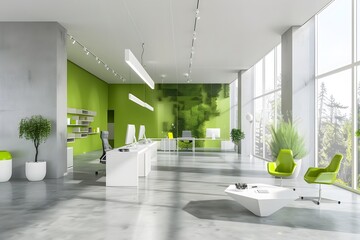 Modern open space office interior with green accents and panoramic windows overlooking the city, gray concrete floor, white desks and chairs