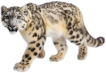 Isolated snow leopard, a wildlife cat and predator, endangered animal portrait, fur and mammal carnivore, in a wild and natural setting, transparent background