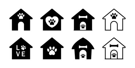 Dog house icon with bone, love, heart and paw symbol set. Dog house vector Icon set in black and white coolor dirrerent shape. Doghouse kennel vector icon in outline and fill. Vector illustration.