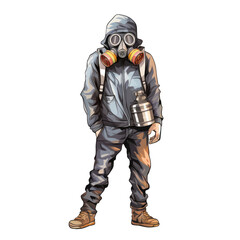 An illustration of a person wearing a gas mask, standing and looking at the camera