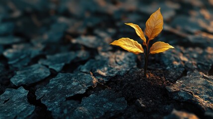 Symbolic sapling sprouting from cracked earth, embodying resilience and hope amidst adversity