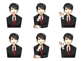 スーツを着た若いビジネスマンの男性のバストアップの漫画風イラストセット