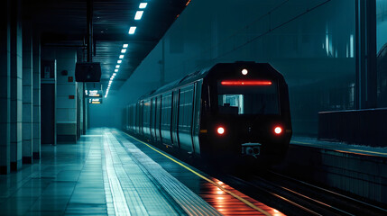 Fototapeta premium Night train at the station, with dark and light on the platform, representing subway and metro transportation, in an urban railway infrastructure