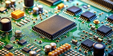 Obraz premium Closeup of circuit board with electronic components, circuit board, resistors, condensers, microchips