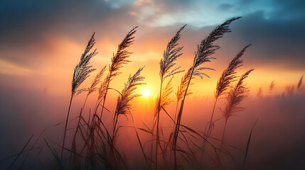 Sunset Silhouette of Grass in Fog