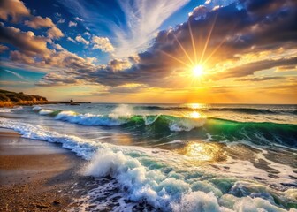 Radiant morning sunlit waves on the Black Sea coast.