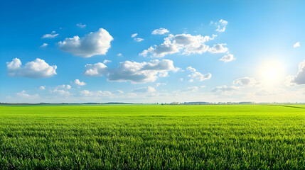 Green Grass Field with Blue Sky and White Clouds