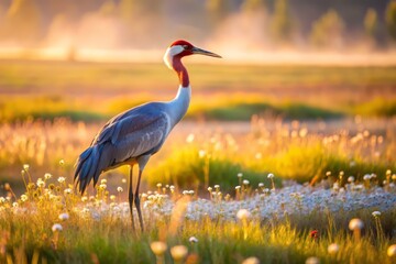 Fototapeta premium Wetlands birdwatching photography chronicles a rare sighting of a lone hooded crane foraging in a wetland meadow, its delicate feathers illuminated by the soft morning light