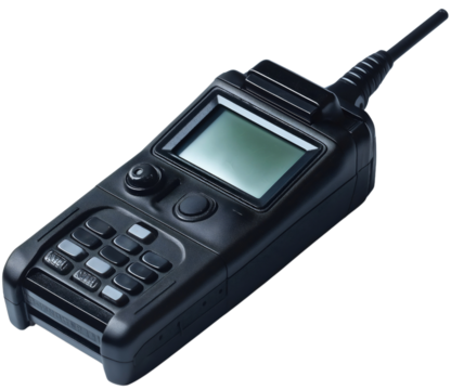 Isolated talkie or walkie, a wireless communication radio, featuring an antenna, as a mobile transmitter, for police and technology equipment, with a device for walkie-talkie communication