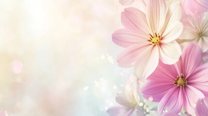 Obraz premium A pastel-colored background with soft, blurred spring flowers and copy space