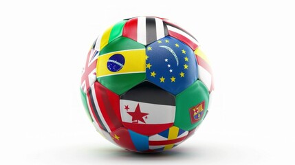 Obraz premium A colorful soccer ball showcases flags from various countries. This vibrant design symbolizes global unity and the love for the game. Perfect for sports enthusiasts. AI