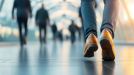 Fototapeta premium A person walks confidently on a modern walkway, showcasing a stylish pair of shoes against a bustling background.