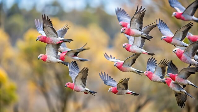 Flock of pink and grey Galah's flying gracefully in formation, galahs, flock, flight, birds, pink, gray, wings, feathers