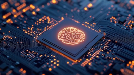 Close-up of a microchip featuring a luminous brain design, symbolizing advanced technology and artificial intelligence.
