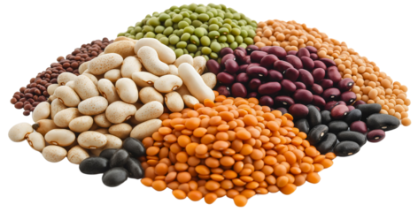 Various bean types, isolated seeds and ingredients, in a group or pile, featuring green, white, and organic beans, as a natural food and protein source, grain heap