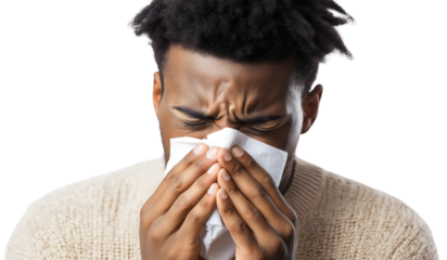 Young African American man blowing his nose with a tissue, feeling unwell and isolated due to sickness, sinus, and allergy issues, portraying a male person with a cold and infection sneeze
