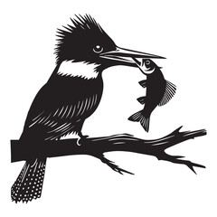 Fototapeta premium Belted Kingfisher silhouette - Megaceryle Alcyon Clipart - Belted Kingfisher perched fish in beak illustration in black and white