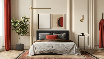 3D rendering minimally designed bedroom with wall art on a blank white canvas mock up.