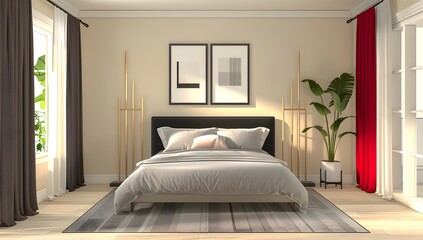 3D rendering minimally designed bedroom with wall art on a blank white canvas mock up.