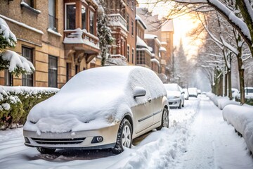  A snow-covered car parked on a quiet winter street..