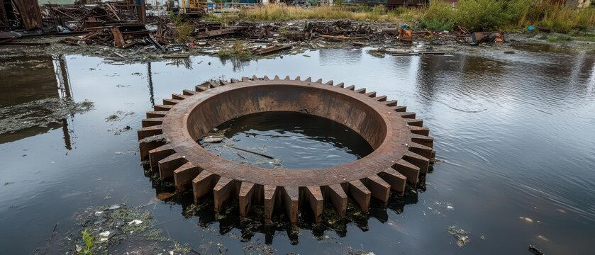 A giant gear wheel partially submerged in an industrial scrapyard