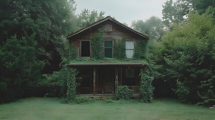 Abandoned Wooden House Overgrown With Ivy