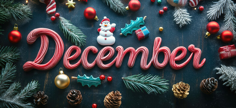 December Calendar month Christmas season ornaments candy bar style, joy, family time., red, green, white. Suitable for postcards, signage, stationery, birthdays, advertising, marketing, blogs, website
