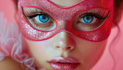 Obraz premium Glittering Red Mask with Bright Blue Eyes CloseUp on Pink Background