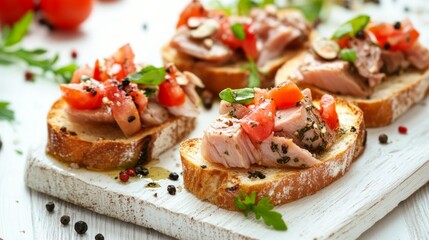 Delicious tuna bruschettas with tomatoes and peppercorn on white wooden table