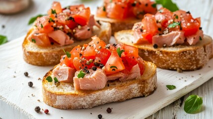 Delicious tuna bruschettas with tomatoes and peppercorn on white wooden table