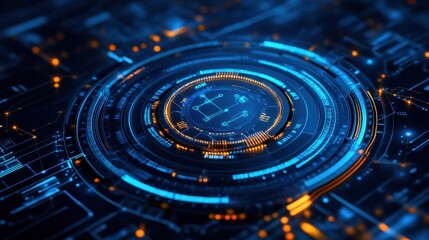 Futuristic digital interface featuring glowing circuits and intricate designs in blue and orange hues.