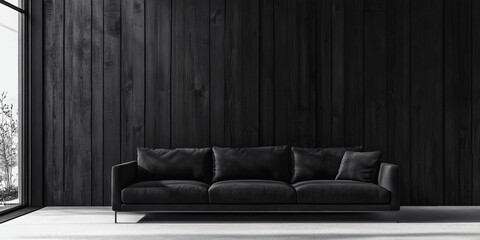 Minimalist Modern Living Room with Black Sofa and Wooden Paneling Wall