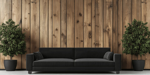 Minimalist Modern Living Room with Black Sofa and Wooden Paneling Wall
