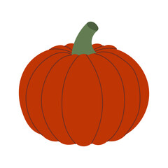 A large orange pumpkin with a green stem. The pumpkin is sitting on a white background. The pumpkin is the main focus of the image