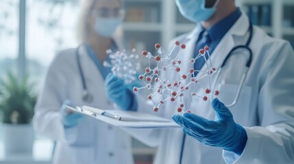 Fototapeta premium Doctors holding model of biological cell and vaccine in hospital