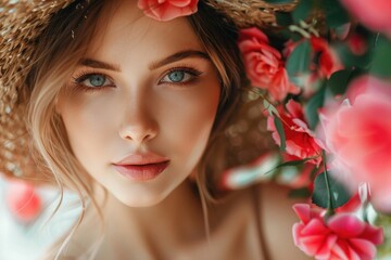 Fototapeta premium Woman wearing a straw hat with flowers