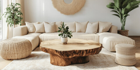 Boho Living Room with Live Edge Coffee Table and Beige Sofa