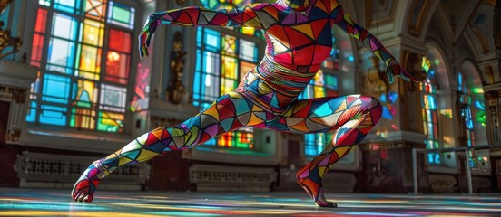 Fototapeta premium Colorful Abstract Patterned Dancer in Vibrant Cathedral with Stained Glass Windows
