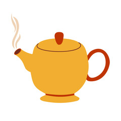 A yellow tea pot with steam coming out of it. The steam is rising from the spout