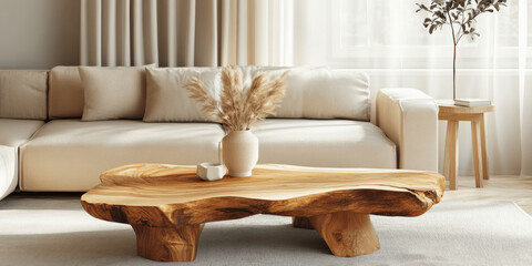 Boho Living Room with Live Edge Coffee Table and Beige Sofa