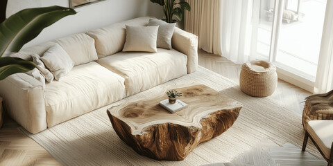 Boho Living Room with Live Edge Coffee Table and Beige Sofa