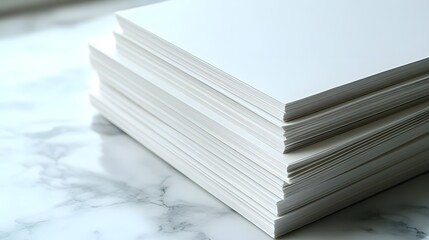 A stack of white paper on a white marble table surface, high resolution, studio lighting, clean and minimalist, sharp focus, professional photography.